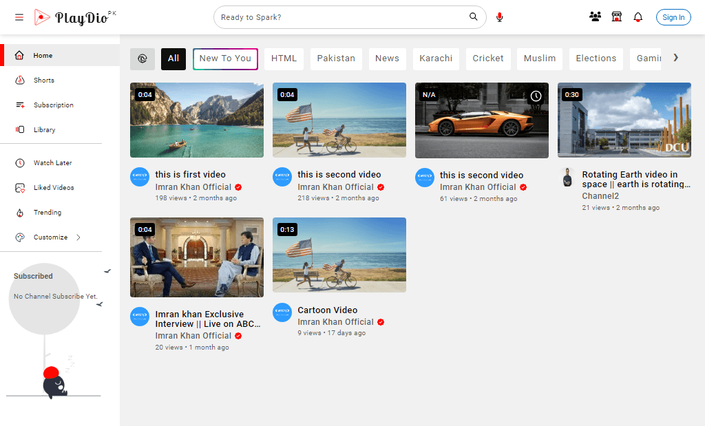 Video sharing and creator marketplace built with PHP showing sign-in prompt card and dynamic sidebar