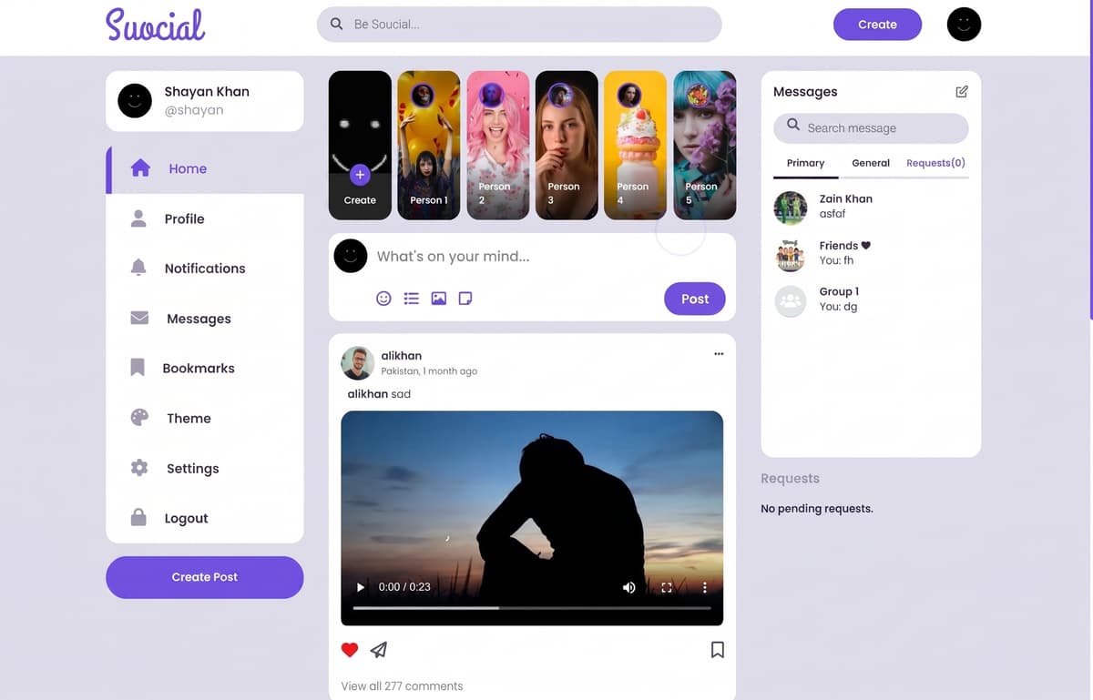 Full-stack social networking platform showing stories, personalized content feed, messaging, user profiles, and theme customization